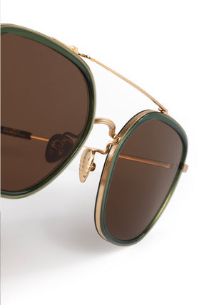 AUSTIN | 18K Titanium + Bottle Green + Zulu Handcrafted, luxury titanium and dark green acetate aviator KREWE sunglasses with brown tortoise temple tips