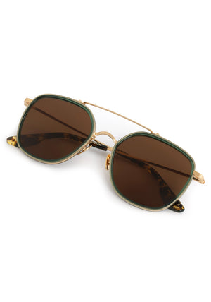 AUSTIN | 18K Titanium + Bottle Green + Zulu Handcrafted, luxury titanium and dark green acetate aviator KREWE sunglasses with brown tortoise temple tips