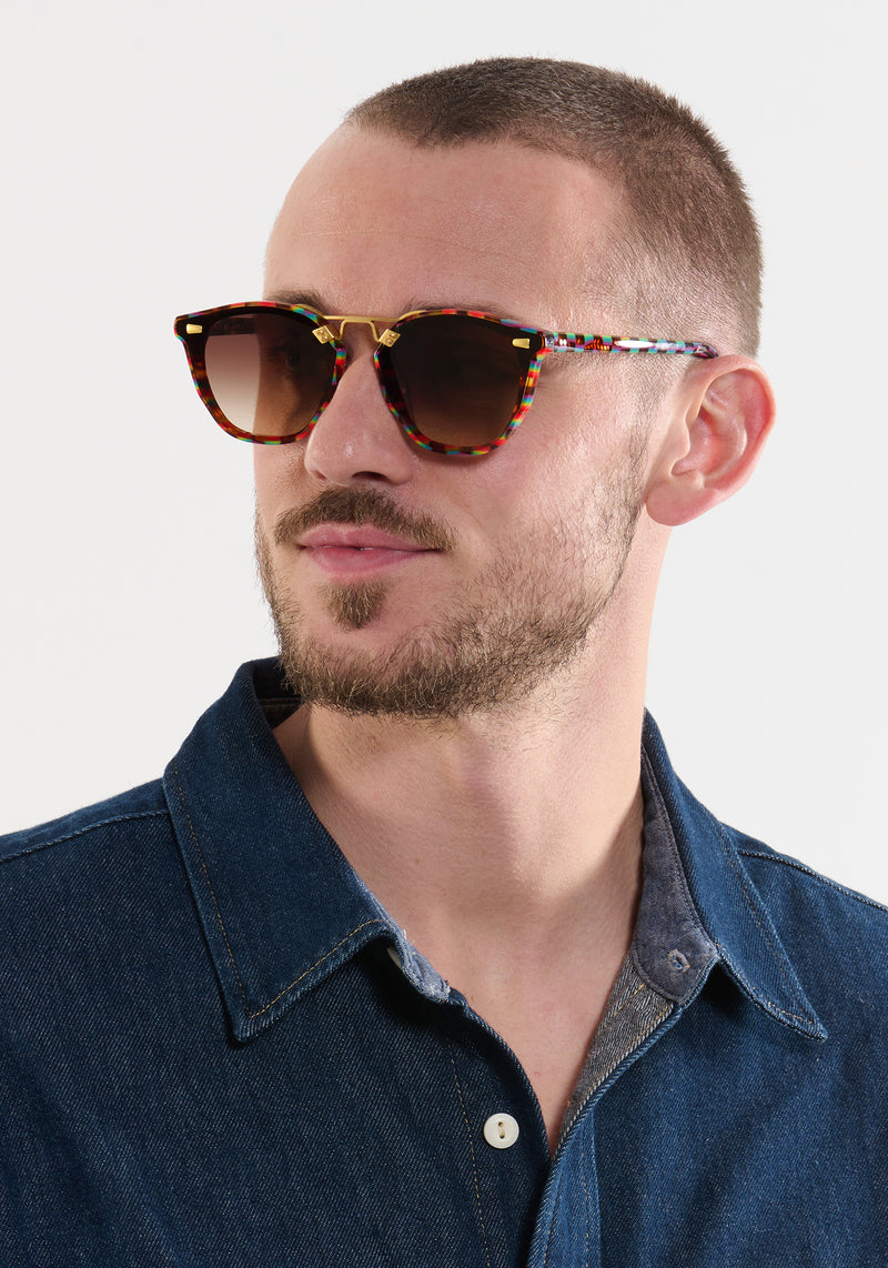 BEAU NYLON | Rainbow Tortoise 18K Handcrafted, luxury, multicolored square acetate with gold bridge and hardware and flat edge to edge nylon lens KREWE sunglasses mens model | Model: Connor