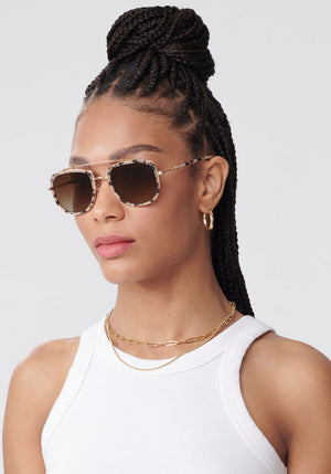 BRETON | Matte Oyster 24K Polarized Handcrafted, luxury tortoise acetate KREWE aviator sunglasses womens model | Model: Dido
