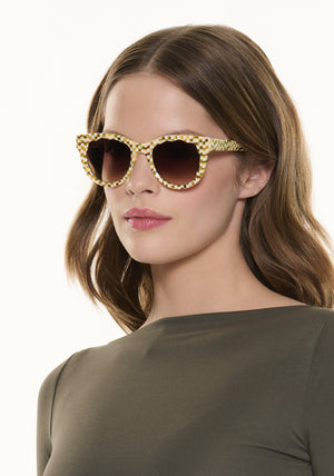 ELLIE | Yuzu Handcrafted, luxury yellow green checkered acetate round scalloped edge KREWE sunglasses womens model | Model: Taylor