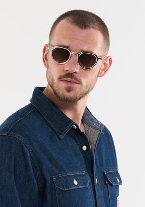 GALVAN| Handcrafted, luxury matte and silver chrome acetate medium sized geometric KREWE sunglasses mens model | Model: Connor