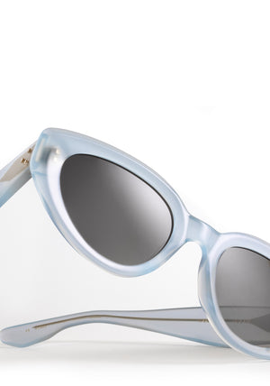 IRENE | Handcrafted, luxury powder blue acetate medium sized upswept oval wrap KREWE sunglasses