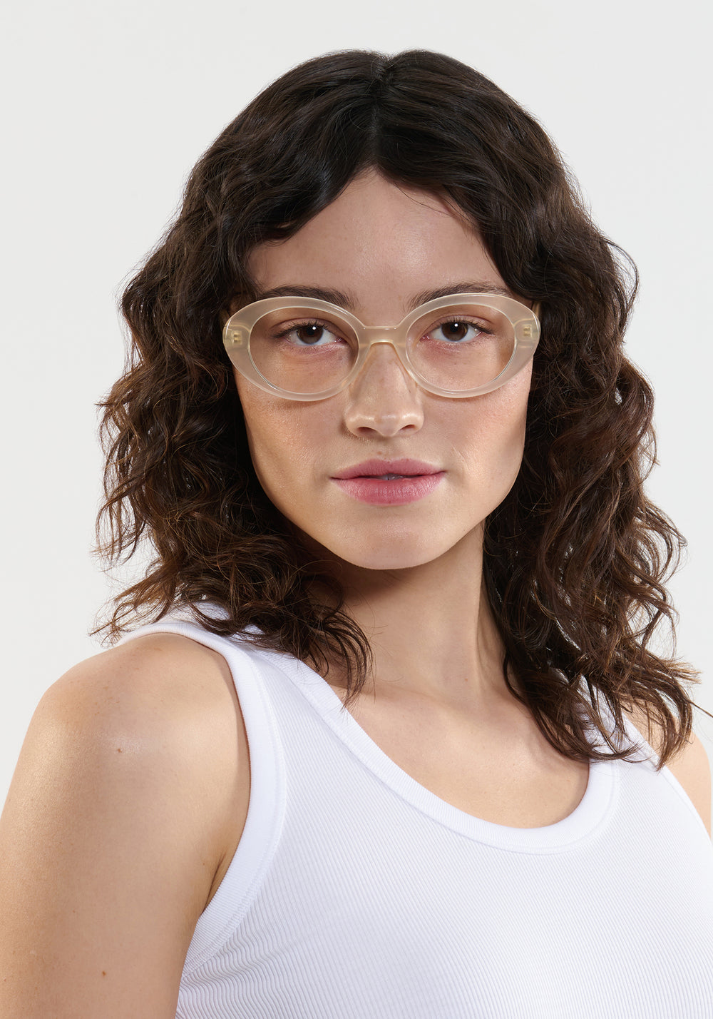 LAUREL | Blonde Handcrafted, luxury tan acetate round oval KREWE eyeglasses womens model | Model: Ione