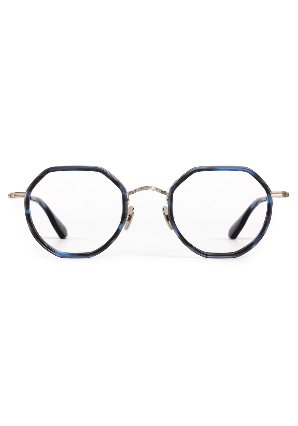 SIMON | Silver Titanium + Wake Handcrafted blue tortoise round geometric titanium and acetate KREWE eyeglasses 