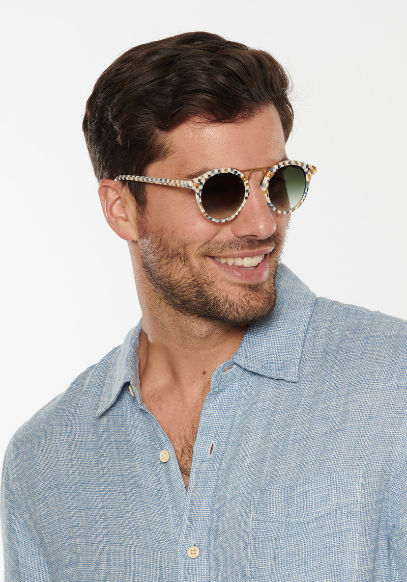 KREWE - Designer Round Sunglasses - ST. LOUIS CLASSICS | Pincheck 18K Handcrafted, luxury blue and white checkered acetate round sunglasses with a double metal bridge. A bestseller. Oliver Peoples Sunglasses, Moscot sunglasses mens model | Model: Douglas