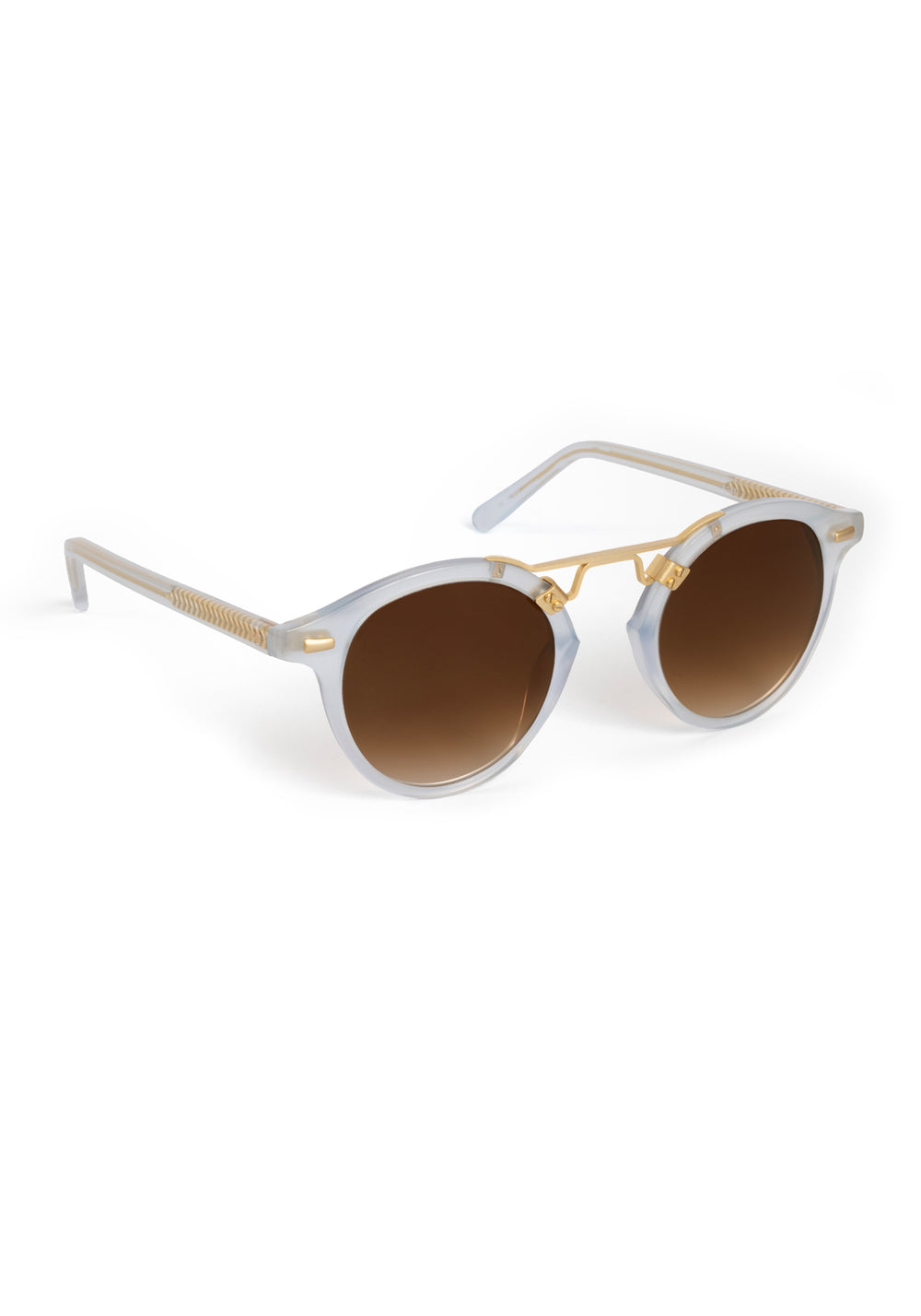 ST. LOUIS | Powder Blue 18K Handcrafted, luxury, light blue acetate round KREWE sunglasses with gold bridge and hardware
