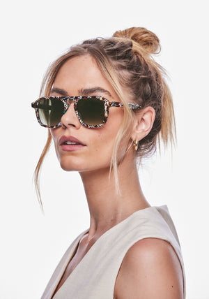 ZANDER | Poppy Noir Handcrafted, luxury speckled multicolored acetate large rectangular aviator KREWE sunglasses womens model | Model: Meghan